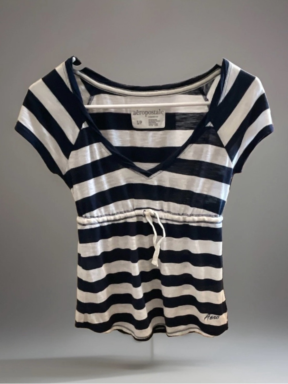 Y2K Aeropostale has Navy and White Striped V-Neck Drawstring Top